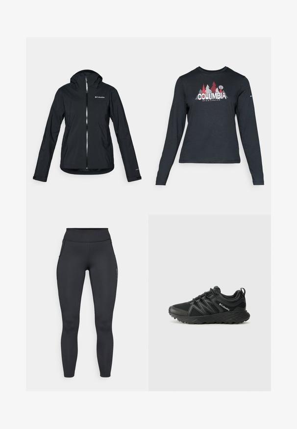 Črna vodoodporna jakna s polnim zadrgo, pritrjeno kapuco in odsevnimi detajli. Gladka tekstura, minimalističen dizajn, ki vključuje logotip Columbia.; Majica z dolgimi rokavi temno siva z grafiko rdečih dreves in gora; logotip "COLUMBIA" v krepki beli barvi. Mehka tkanina, standarden krojen ovratnik.; Črne športne legice z visokim pasom, gladko teksturo in stranskimi žepi. Imajo vidne šive in logotip blagovne znamke na nogi.; Columbia PEAKFREAK - Pohodniški čevlji - black
