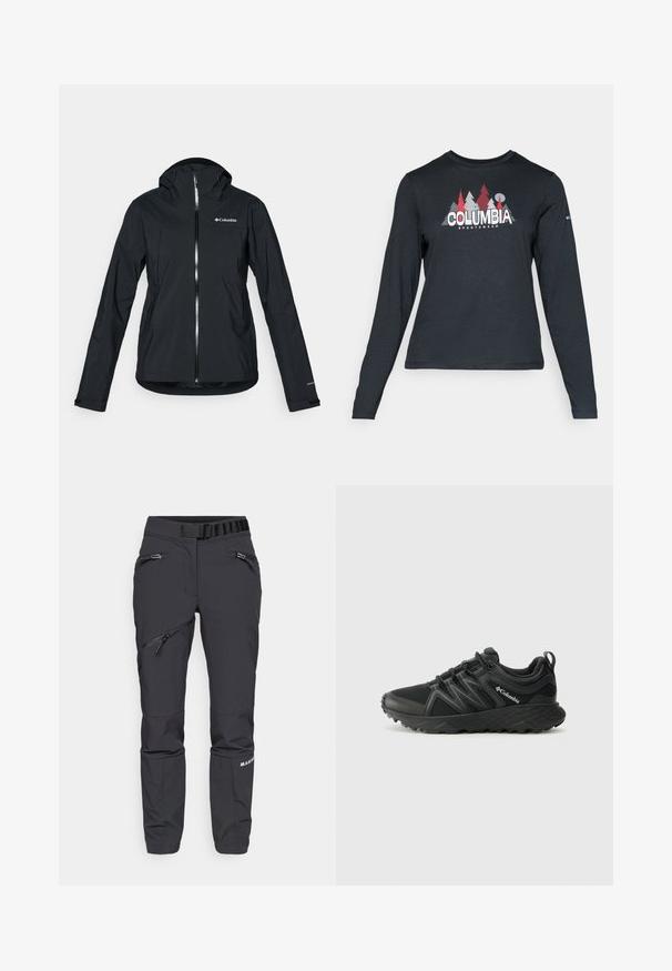 Mustang must-haves vettisooja, täispikk tõmblukk, kinnitatud kapuuts ja peegeldavad aktsendid. Sile tekstuur, minimaalne disain, millel on Columbia logo.; Pikend varrukatega tumehall särk, millel on punaste puude ja mägede graafika; "COLUMBIA" logo julge valge tekstiga. Pehme kangas, tavaline ümmargune kaelus.; Mustad musta pehmea seelikuga püksid, millel on kitsas lõige, lukuga taskud, elastne vöökoht ja tekstureeritud alumine jala paneel. Vastupidav materjal välistingimustes kasutamiseks.; Columbia PEAKFREAK - Matkajalatsid - black