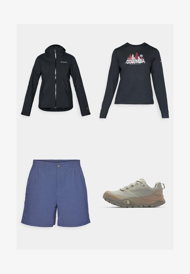 Črna vodoodporna jakna s polnim zadrgo, pritrjeno kapuco in odsevnimi detajli. Gladka tekstura, minimalističen dizajn, ki vključuje logotip Columbia.; Majica z dolgimi rokavi temno siva z grafiko rdečih dreves in gora; logotip "COLUMBIA" v krepki beli barvi. Mehka tkanina, standarden krojen ovratnik.; Mornarsko modri šortsi iz lahkega blaga, z elastičnim pasom, sprednjim zapiranjem na gumb in stranskimi šivi za sproščen kroj.; Svetlo sivi atletski čevlji z bež detajli, izdelani iz sintetičnega materiala. Imajo trpežen podplat, vezalni dizajn in blagovno znamko na strani.