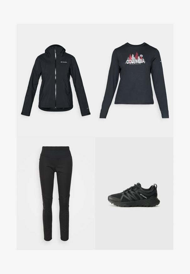 Schwarze wasserdichte Jacke mit durchgehendem Reißverschluss, angebauter Kapuze und reflektierenden Akzenten. Glatte Textur, minimales Design mit dem Columbia-Logo.; Dunkelgraues Langarmshirt mit einem Grafikdesign von roten Bäumen und Bergen; das "COLUMBIA"-Logo in fett weißer Schrift. Weicher Stoff, klassischer Rundhalsausschnitt.; Schwarze Sportleggings mit hohem Bund, glatter Textur, Logodetail und seitlichen Paneelen für zusätzlichen visuellen Reiz.; Columbia PEAKFREAK - Hikingschuh - black