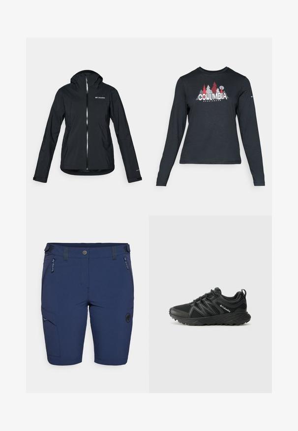 Casaco impermeável preto com fecho de correr completo, capuz integrado e detalhes reflectores. Textura suave, design minimalista, apresentando o logo da Columbia.; Camisa de mangas longas cinza escuro com um gráfico de árvores vermelhas e montanhas; logótipo "COLUMBIA" em texto branco em negrito. Tecido suave, cuello redondo padrão.; Calções de marinheiro feitos de tecido elástico, com um bolso com fecho na frente, bolso lateral e detalhe do logótipo. Textura suave, design até ao joelho.; Columbia PEAKFREAK - Sapatos de caminhada - black