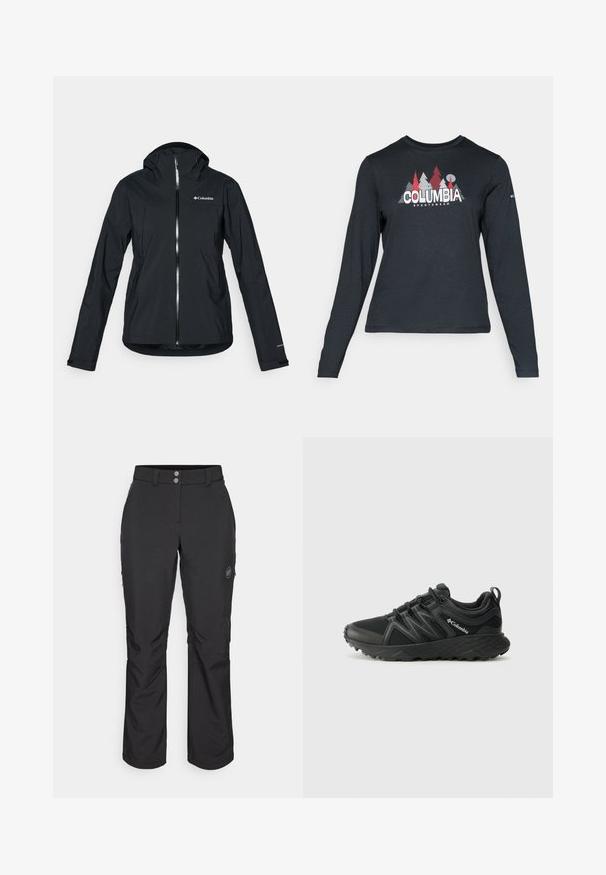 Čierna nepremokavá bunda s plným zipsom, pripevnenou kapucňou a reflexnými akcentmi. Hladká textúra, minimalistický dizajn s logom Columbia.; Dlhý rukáv, tmavošedá košeľa s grafikou červených stromov a hôr; logo "COLUMBIA" v tučnom bielom texte. Mäkká tkanina, štandardný okrúhly výstrih.; Čierne vonkajšie nohavice so strihom do rovna, s gombíkovým zapínaním, zipsovými bočnými vreckami a logo nášivkou na ľavom stehne.; Columbia PEAKFREAK - Turistické topánky - black