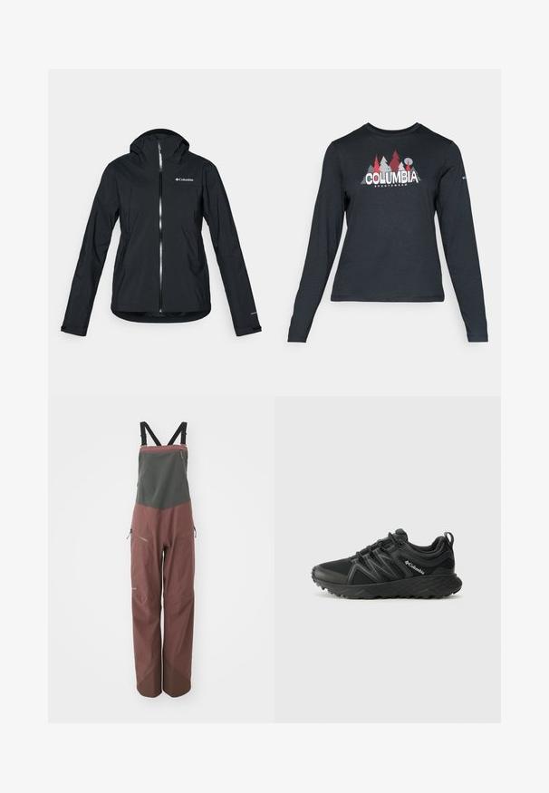 Jachetă neagră, impermeabilă, cu fermoar complet, glugă atașată și accente reflective. Textură netedă, design minimal, ce prezintă logo-ul Columbia.; Cămașă cu mâneci lungi de culoare gri închis, cu un grafic de copaci roșii și munți; logo-ul "COLUMBIA" în text alb îngroșat. Material moale, guler standard de tip crew.; Patagonia SNOWDRIFTER BIBS - Pantaloni de schi - dulse mauve; Columbia PEAKFREAK - Pantofi drumeție - black