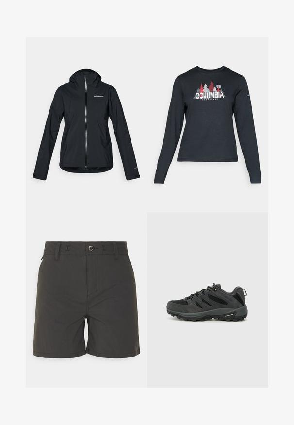 Juodas vandeniui atsparus švarkas su pilna užtrauktuko sistema, pritvirtinta kapišonu ir atspindinčiomis detalėmis. Lygi tekstūra, minimalus dizainas, su "Columbia" logotipu.; Ilga rankovė tamsiai pilka marškinėliai su raudonų medžių ir kalnų grafika; drąsaus baltos spalvos teksto "COLUMBIA" logotipas. Minkšta medžiaga, standartinis apvalus kaklas.; Juodi šortai, pagaminti iš lengvos medžiagos. Jie turi mygtuko užsegimą, dirželių kilpas ir paprastą dizainą be matomų raštų ar akcentų.; Columbia REDMOND - Turistiniai batai - black/citron haze