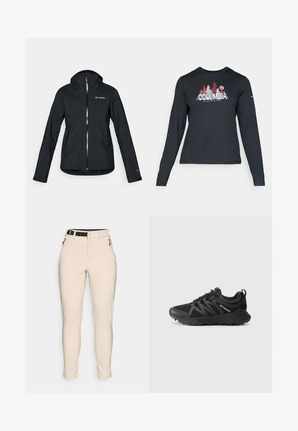 Giacca nera impermeabile con zip full-length, cappuccio integrato e dettagli riflettenti. Tessuto liscio, design minimale, con logo Columbia.; Maglietta a maniche lunghe grigia scura con una grafica di alberi rossi e montagne; logo "COLUMBIA" in caratteri bianchi in grassetto. Tessuto morbido, scollatura a girocollo standard.; Pantaloni beige aderenti in un tessuto testurizzato. Presentano una cintura nera regolabile e tasche con zip sui lati.; Columbia PEAKFREAK - Scarpa da hiking - black