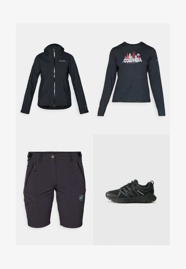 Casaco impermeável preto com fecho de correr completo, capuz integrado e detalhes reflectores. Textura suave, design minimalista, apresentando o logo da Columbia.; Camisa de mangas longas cinza escuro com um gráfico de árvores vermelhas e montanhas; logótipo "COLUMBIA" em texto branco em negrito. Tecido suave, cuello redondo padrão.; Calções pretos com uma textura suave, apresentando dois bolsos com fecho, um bolso de carga e o logótipo de um elefante no canto inferior direito.; Columbia PEAKFREAK - Sapatos de caminhada - black