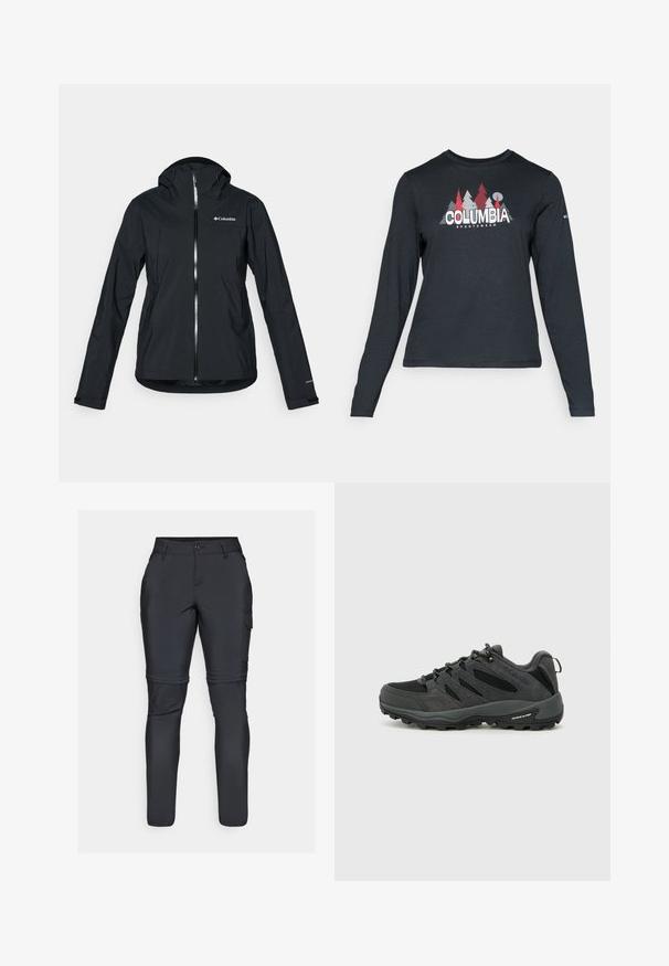 Juodas vandeniui atsparus švarkas su pilna užtrauktuko sistema, pritvirtinta kapišonu ir atspindinčiomis detalėmis. Lygi tekstūra, minimalus dizainas, su "Columbia" logotipu.; Ilga rankovė tamsiai pilka marškinėliai su raudonų medžių ir kalnų grafika; drąsaus baltos spalvos teksto "COLUMBIA" logotipas. Minkšta medžiaga, standartinis apvalus kaklas.; Juodos cargo kelnės, pagamintos iš lengvos, tamprios medžiagos. Turi išlenktas kelius, šonines kišenes ir prigludusį dizainą, užtikrinantį judėjimo laisvę.; Columbia REDMOND - Turistiniai batai - black/citron haze