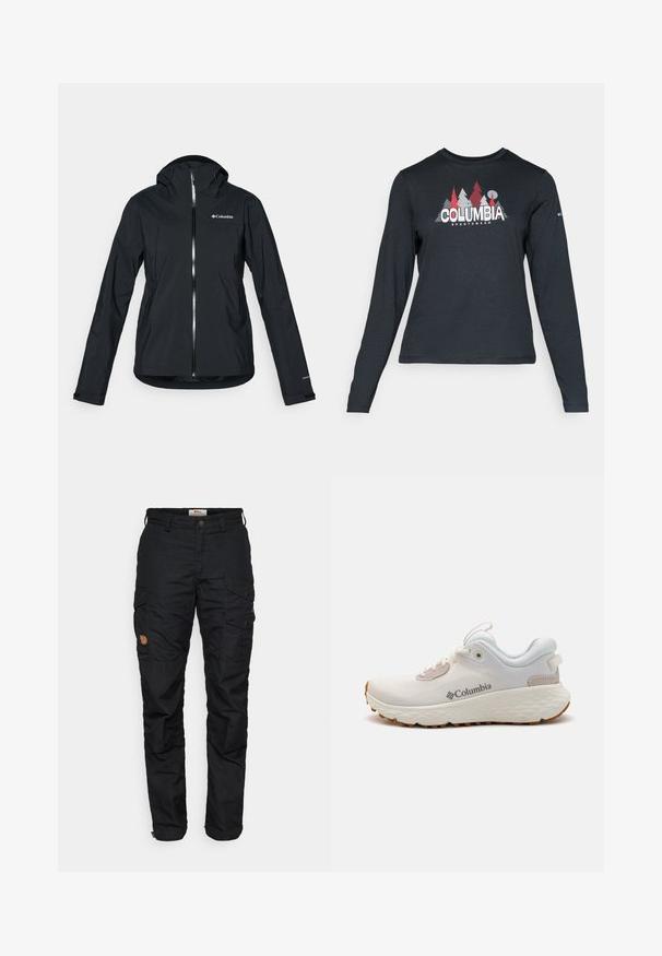 Črna vodoodporna jakna s polnim zadrgo, pritrjeno kapuco in odsevnimi detajli. Gladka tekstura, minimalističen dizajn, ki vključuje logotip Columbia.; Majica z dolgimi rokavi temno siva z grafiko rdečih dreves in gora; logotip "COLUMBIA" v krepki beli barvi. Mehka tkanina, standarden krojen ovratnik.; Črne cargo hlače z več žepi, gumbom za zapiranje in rahlo zoženim dizajnom nog. Izdelane iz trpežnega materiala z teksturirano površino.; Lahka športna obutev Columbia v beli mreži z teksturiranim sivim podplatom in gumijastim oprijemom. Ima podloženi ovratnik in vezalni dizajn.