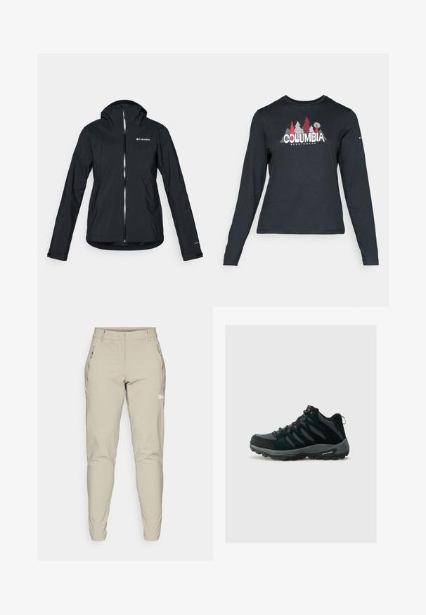 Juodas vandeniui atsparus švarkas su pilna užtrauktuko sistema, pritvirtinta kapišonu ir atspindinčiomis detalėmis. Lygi tekstūra, minimalus dizainas, su "Columbia" logotipu.; Ilga rankovė tamsiai pilka marškinėliai su raudonų medžių ir kalnų grafika; drąsaus baltos spalvos teksto "COLUMBIA" logotipas. Minkšta medžiaga, standartinis apvalus kaklas.; Smėliniai, liekni lauko kelnės su lygiu paviršiumi, turinčios šonines užtrauktukų kišenes ir mažą logotipą ant šlaunies. Prisilietimo kulkšnies atidarymai.; Columbia REDMOND - Turistiniai batai - black/citron haze