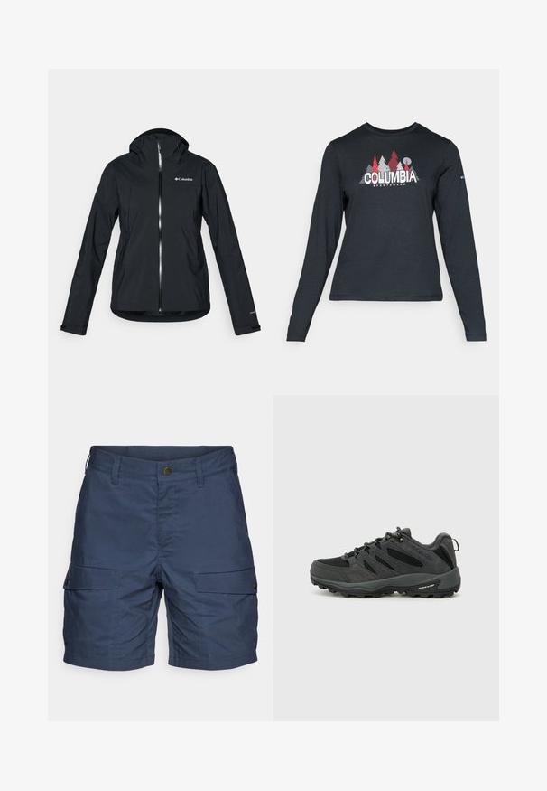 Juodas vandeniui atsparus švarkas su pilna užtrauktuko sistema, pritvirtinta kapišonu ir atspindinčiomis detalėmis. Lygi tekstūra, minimalus dizainas, su "Columbia" logotipu.; Ilga rankovė tamsiai pilka marškinėliai su raudonų medžių ir kalnų grafika; drąsaus baltos spalvos teksto "COLUMBIA" logotipas. Minkšta medžiaga, standartinis apvalus kaklas.; Tamsiai mėlynos spalvos cargo šortai, pagaminti iš lengvos medžiagos, turi dvi šonines kišenes, mygtuką ir laisvą siluetą.; Columbia REDMOND - Turistiniai batai - black/citron haze