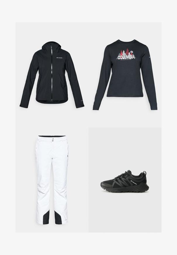 Jachetă neagră, impermeabilă, cu fermoar complet, glugă atașată și accente reflective. Textură netedă, design minimal, ce prezintă logo-ul Columbia.; Cămașă cu mâneci lungi de culoare gri închis, cu un grafic de copaci roșii și munți; logo-ul "COLUMBIA" în text alb îngroșat. Material moale, guler standard de tip crew.; Pantaloni de zăpadă albi cu un design elegant, având două buzunare frontale, panouri inferioare negre întărite și închidere cu nasture la talie.; Columbia PEAKFREAK - Pantofi drumeție - black