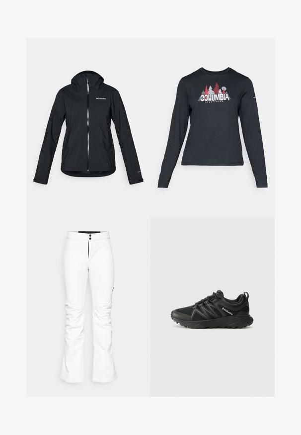 Schwarze wasserdichte Jacke mit durchgehendem Reißverschluss, angebauter Kapuze und reflektierenden Akzenten. Glatte Textur, minimales Design mit dem Columbia-Logo.; Dunkelgraues Langarmshirt mit einem Grafikdesign von roten Bäumen und Bergen; das "COLUMBIA"-Logo in fett weißer Schrift. Weicher Stoff, klassischer Rundhalsausschnitt.; Weiße Skihose mit figurbetontem Design, ausgestattet mit einem Zwei-Knopf-Verschluss, Reißverschluss vorne und ausgestelltem Saum. Hergestellt aus einem strukturierten, strapazierfähigen Stoff.; Columbia PEAKFREAK - Hikingschuh - black