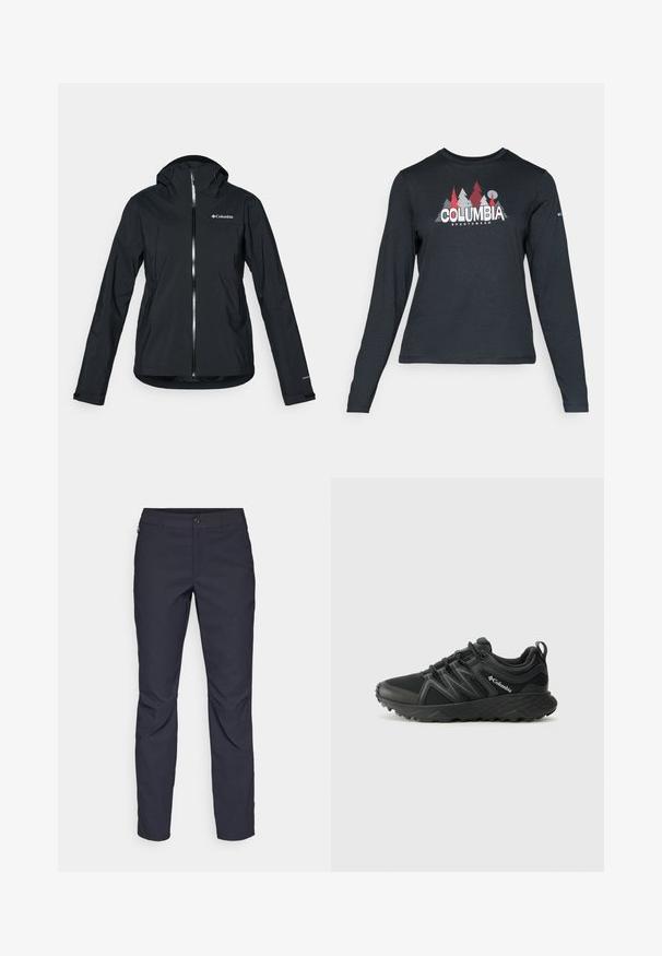 Crna vodootporna jakna s punim zatvaračem, pričvršćenim kapuljačom i reflektirajućim detaljima. Glatka tekstura, minimalistički dizajn, s logotipom Columbia.; Majica dugih rukava tamnosive boje s grafikom crvenih drveća i planina; logo "COLUMBIA" u podebljanom bijelom tekstu. Mekana tkanina, standardni okrugli izrez.; Pantalone tamnoplave boje od glatkog materijala, s prednjim kopčanjem na dugme, uskim krojem i pregibima na koljenima.; Columbia PEAKFREAK - Obuća za pješačenje - black