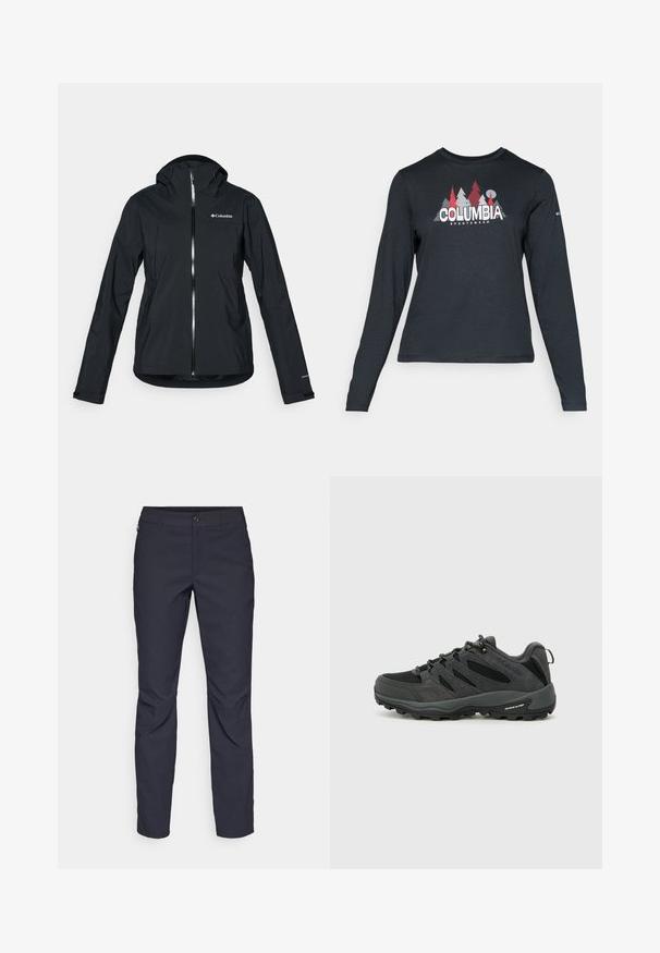 Černá voděodolná bunda s celopropínacím zipem, připevněnou kapucí a reflexními akcenty. Hladká textura, minimalisticý design se znakem Columbia.; Tmavě šedá dlouhá košile s grafikou červených stromů a hor; logo "COLUMBIA" v tučném bílém písmu. Měkká tkanina, standardní kulatý výstřih.; Námořnické modré kalhoty vyrobené z hladké tkaniny, s předním zapínáním na knoflík, přiléhavým střihem a sklady v oblasti kolen.; Columbia REDMOND - Trekingové boty - black/citron haze