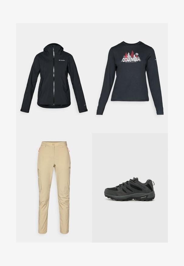 Casaco impermeável preto com fecho de correr completo, capuz integrado e detalhes reflectores. Textura suave, design minimalista, apresentando o logo da Columbia.; Camisa de mangas longas cinza escuro com um gráfico de árvores vermelhas e montanhas; logótipo "COLUMBIA" em texto branco em negrito. Tecido suave, cuello redondo padrão.; Calças de exterior bege com uma textura suave, apresentando um bolso com fecho éclair laranja, design ajustado e um pequeno logótipo branco na frente.; Columbia REDMOND - Sapatos de caminhada - black/citron haze