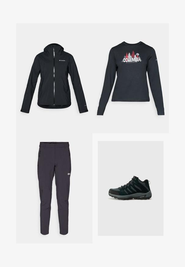 Juodas vandeniui atsparus švarkas su pilna užtrauktuko sistema, pritvirtinta kapišonu ir atspindinčiomis detalėmis. Lygi tekstūra, minimalus dizainas, su "Columbia" logotipu.; Ilga rankovė tamsiai pilka marškinėliai su raudonų medžių ir kalnų grafika; drąsaus baltos spalvos teksto "COLUMBIA" logotipas. Minkšta medžiaga, standartinis apvalus kaklas.; Tamsiai pilkos kalnų žygio kelnės su liesu kirpimu, pagamintos iš elastingos, drėgmei atsparios medžiagos. Yra šoninės zip kišenės ir logotipo detalė.; Columbia REDMOND - Turistiniai batai - black/citron haze