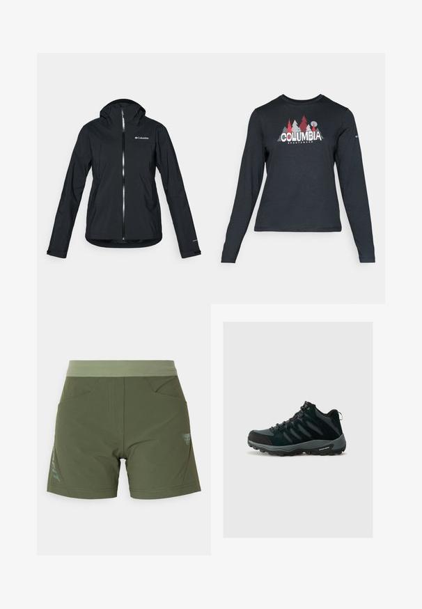 Juodas vandeniui atsparus švarkas su pilna užtrauktuko sistema, pritvirtinta kapišonu ir atspindinčiomis detalėmis. Lygi tekstūra, minimalus dizainas, su "Columbia" logotipu.; Ilga rankovė tamsiai pilka marškinėliai su raudonų medžių ir kalnų grafika; drąsaus baltos spalvos teksto "COLUMBIA" logotipas. Minkšta medžiaga, standartinis apvalus kaklas.; Alyvuogių žalios šortai su elastine juosta, dviem priekinėmis kišenių, ir logotipo akcentu kairėje pusėje. Lygi tekstūra ir pritaikyta forma.; Columbia REDMOND - Turistiniai batai - black/citron haze