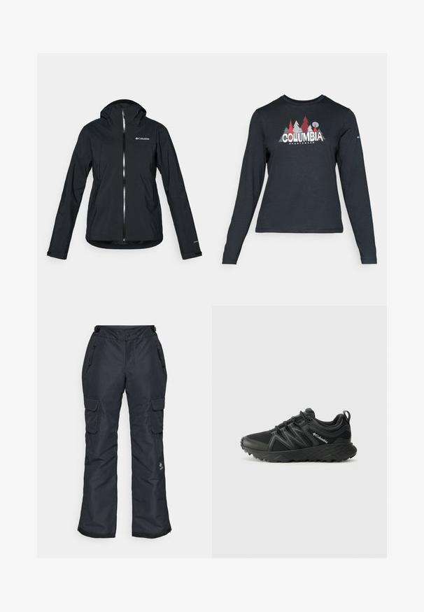 Schwarze wasserdichte Jacke mit durchgehendem Reißverschluss, angebauter Kapuze und reflektierenden Akzenten. Glatte Textur, minimales Design mit dem Columbia-Logo.; Dunkelgraues Langarmshirt mit einem Grafikdesign von roten Bäumen und Bergen; das "COLUMBIA"-Logo in fett weißer Schrift. Weicher Stoff, klassischer Rundhalsausschnitt.; Schwarze Schneehosen mit lockerer Passform, ausgestattet mit Reißverschlusstaschen, Cargo-Taschen an den Oberschenkeln und einer strukturierten Oberfläche für Langlebigkeit.; Columbia PEAKFREAK - Hikingschuh - black