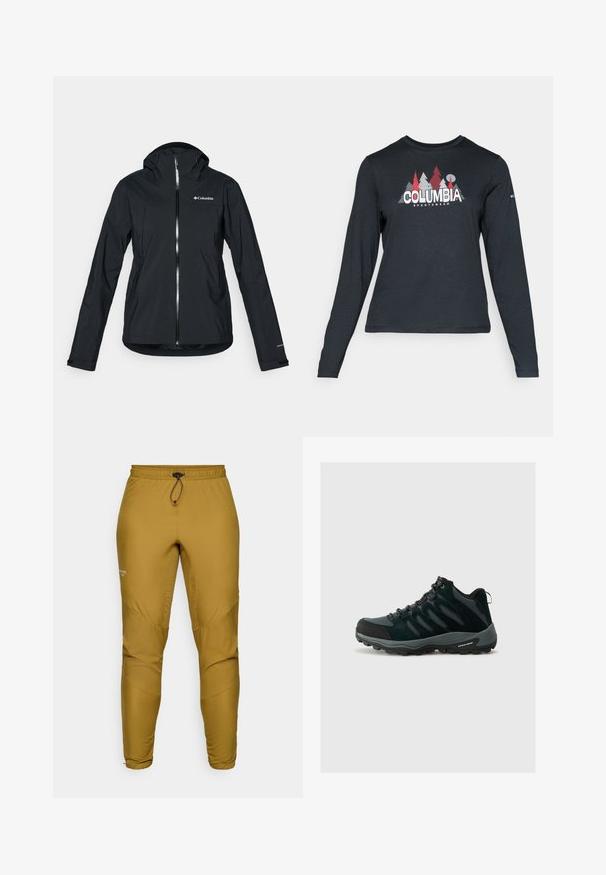 Juodas vandeniui atsparus švarkas su pilna užtrauktuko sistema, pritvirtinta kapišonu ir atspindinčiomis detalėmis. Lygi tekstūra, minimalus dizainas, su "Columbia" logotipu.; Ilga rankovė tamsiai pilka marškinėliai su raudonų medžių ir kalnų grafika; drąsaus baltos spalvos teksto "COLUMBIA" logotipas. Minkšta medžiaga, standartinis apvalus kaklas.; Lengvi, garstyčių spalvos kelnes, pagamintas iš sintetinės medžiagos, su elastingu juosmeniu ir raišteliu bei siaurėjančiomis kojomis su panelių detalėmis.; Columbia REDMOND - Turistiniai batai - black/citron haze