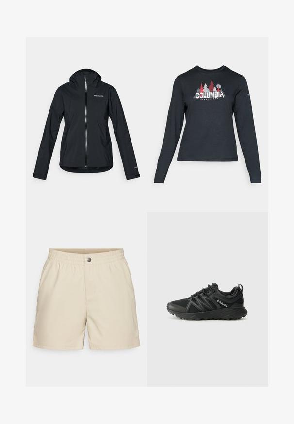 Jachetă neagră, impermeabilă, cu fermoar complet, glugă atașată și accente reflective. Textură netedă, design minimal, ce prezintă logo-ul Columbia.; Cămașă cu mâneci lungi de culoare gri închis, cu un grafic de copaci roșii și munți; logo-ul "COLUMBIA" în text alb îngroșat. Material moale, guler standard de tip crew.; Pantaloni scurți bej dintr-un material ușor, cu un tiv elastic, buzunare frontale și o închidere cu un singur buton, având o textură netedă.; Columbia PEAKFREAK - Pantofi drumeție - black