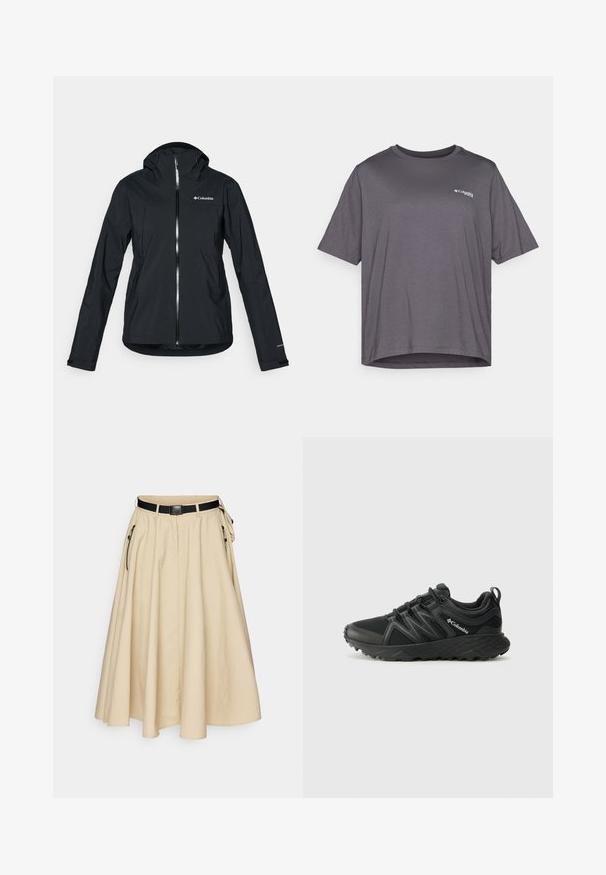 Fekete vízálló dzseki teljes cipzárral, hozzákapcsolt kapucnival és fényvisszaverő részletekkel. Sima textúra, minimalista dizájn, Columbia logóval.; Rövid ujjú, szürke póló sima anyagból. Kerek nyakrésze van, és egy kis logó van nyomtatva a mellen.; Beige A-vonalú szoknya, könnyű anyagból, redőzött, fekete övvel, négyzet alakú csattal és oldalsó cipzáras zsebekkel.; Columbia PEAKFREAK - Túracipők - black