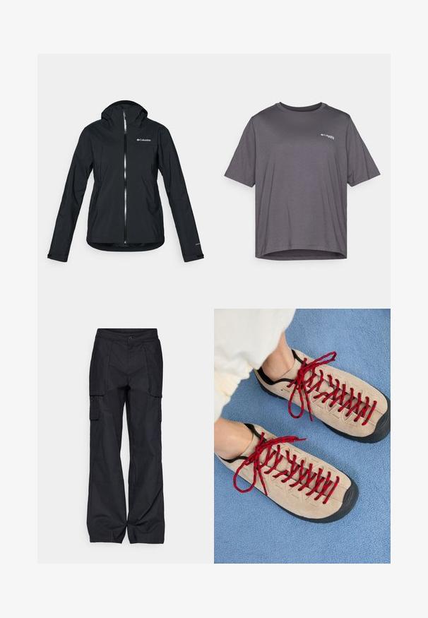 Schwarze wasserdichte Jacke mit durchgehendem Reißverschluss, angebauter Kapuze und reflektierenden Akzenten. Glatte Textur, minimales Design mit dem Columbia-Logo.; Kurzärmliges graues T-Shirt aus glattem Stoff. Verfügt über einen runden Halsausschnitt und ein kleines Logo, das auf der Brust gedruckt ist.; Columbia BREA FALLS™ COTTON RIPSTOP PANT - Outdoor-Hose - black; Beige Schuhe mit roten Schnürsenkeln, die auf einer blauen strukturierten Fläche positioniert sind und teilweise ein Fußgelenk einer Person zeigen. Die Schuhe haben ein sportliches Design.