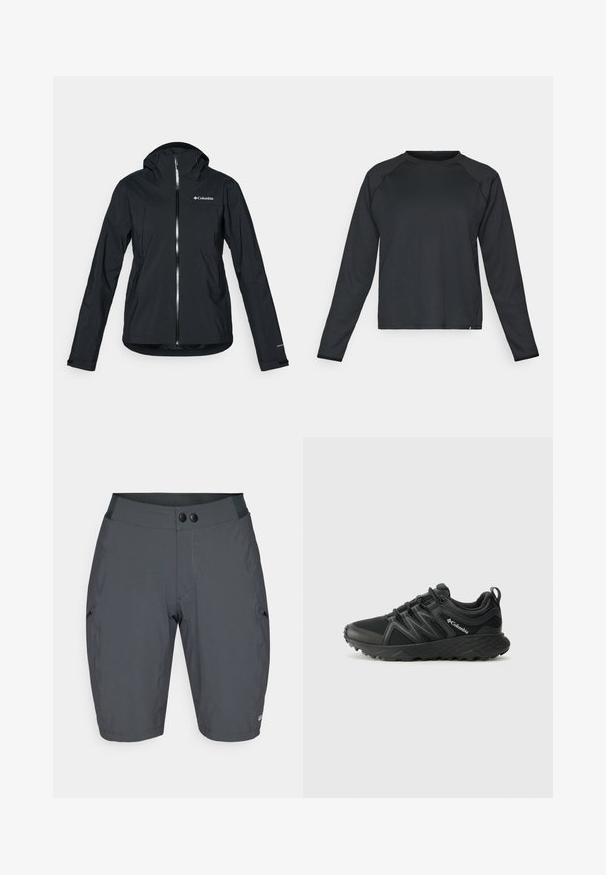 Crna vodootporna jakna s punim zatvaračem, pričvršćenim kapuljačom i reflektirajućim detaljima. Glatka tekstura, minimalistički dizajn, s logotipom Columbia.; Crna majica dugih rukava s teksturiranom, rebrastom tkaninom. Ima okrugli izrez i zaobljen rub, idealna za aktivnu odjeću.; Tamno sivi kratki hlače od glatkog, rastezljivog materijala. Imaju široku traku oko struka s dva crna gumba i koso smještene bočne džepove.; Columbia PEAKFREAK - Obuća za pješačenje - black