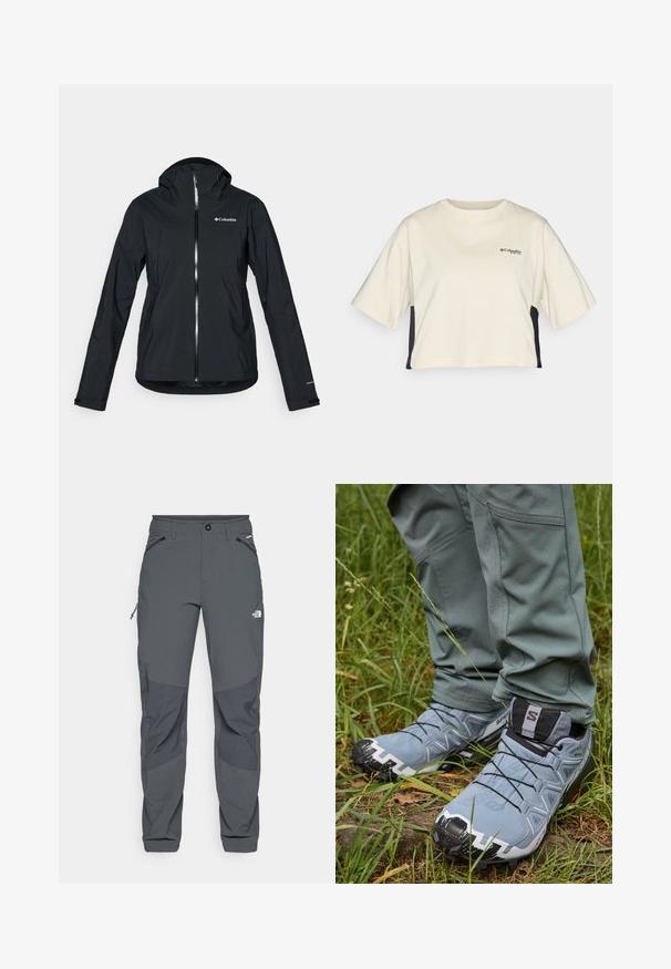 Melna ūdensizturīga jaka ar pilnu rāvējslēdzēju, pievienotu kapuci un atstarojošiem akcentiem. Gluda tekstūra, minimāls dizains, ar Columbia logo.; Krēmkrāsas īsā krekla ar apaļu kaklu, īsām piedurknēm un melniem sānu paneļiem; uz krūtīm redzams neliels melns logotips.; Tumši pelēki ārējie bikses ar pastiprinātiem ceļiem, ar rāvējslēdzējiem sānu un priekšējiem kabatām, pogu aizdari un The North Face logotipu uz augšstilba.; Pelēki skriešanas apavi ar strukturētu virsu, melnām auklām un izturīgu zoli, kombinēti ar pieguļošām zaļām biksēm zāles apvidū.