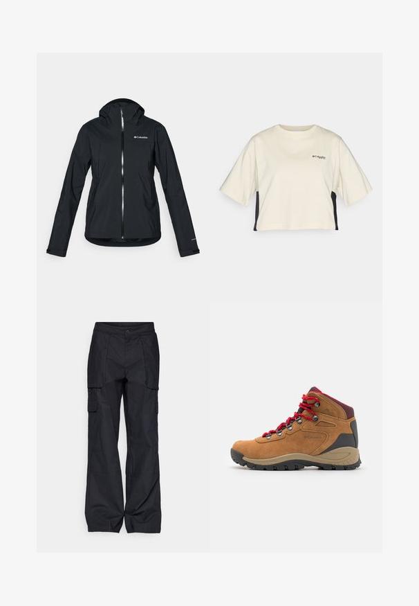 Svart vanntett jakke med full glidelås, festet hette og refleksdetaljer. Glatt tekstur, minimalistisk design med Columbia-logo.; Cremerfarget, kort t-skjorte med rund hals, kortermet og svarte sidepaneler; har en liten svart logo på brystet.; Columbia BREA FALLS™ COTTON RIPSTOP PANT - Friluftsbukser - black; Brune suedestøvlett til fotturer med røde snøringer, svart gummisåle, grå detaljer og polstret ankelstøtte. Har metalløyler og logodetalj.