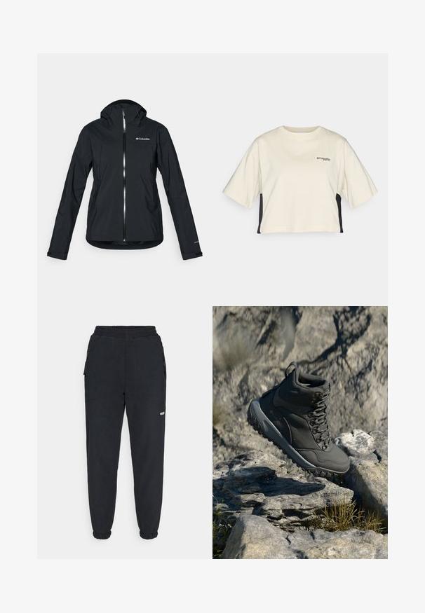 Schwarze wasserdichte Jacke mit durchgehendem Reißverschluss, angebauter Kapuze und reflektierenden Akzenten. Glatte Textur, minimales Design mit dem Columbia-Logo.; Cremfarbendes, kurzes T-Shirt mit Rundhalsausschnitt, kurzen Ärmeln und schwarzen Seitenpanelen; verfügt über ein kleines schwarzes Logo auf der Brust.; Schwarze Fleece-Jogginghosen mit einem elastischen Bund, taillierten Beinen, seitlichen Taschen und einem kleinen weißen Logo am linken Bein.; Dunkelgrauer Wanderschuh aus synthetischem Material, mit gepolstertem Kragen, Metallösen und strukturierten Gummisohlen für besseren Halt.