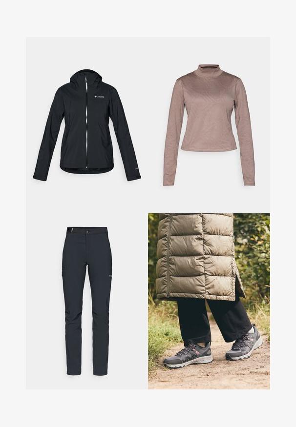 Fekete vízálló dzseki teljes cipzárral, hozzákapcsolt kapucnival és fényvisszaverő részletekkel. Sima textúra, minimalista dizájn, Columbia logóval.; Columbia GRANITE POINT™ - Hosszú ujjú felső - iron; Férfi kültéri nadrág, sötétszürke, rugalmas anyagból készült, övvel, cipzáros zsebekkel és megerősített varratokkal.; Columbia PEAKFREAK™ II OUTDRY™ - Túracipők - graphite/salmon rose
