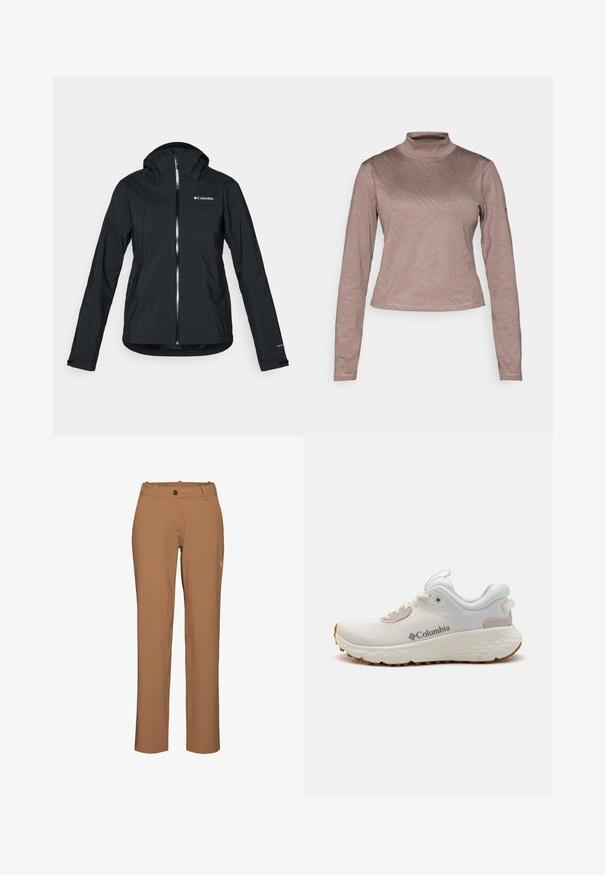 Juodas vandeniui atsparus švarkas su pilna užtrauktuko sistema, pritvirtinta kapišonu ir atspindinčiomis detalėmis. Lygi tekstūra, minimalus dizainas, su "Columbia" logotipu.; Columbia GRANITE POINT™ - Ilgarankovis viršutinės dalies drabužis - iron; Mammut Lauko kelnės - claystone; Lengvas Columbia sportinis batelis balto tinklinio audinio su tekstūruota pilka padanga ir guma sukibimui. Yra paminkštinta apykaklė ir raištelių dizainas.