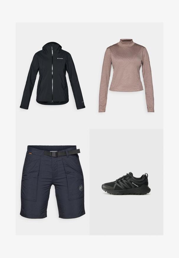 Črna vodoodporna jakna s polnim zadrgo, pritrjeno kapuco in odsevnimi detajli. Gladka tekstura, minimalističen dizajn, ki vključuje logotip Columbia.; Columbia GRANITE POINT™ - Majica z dolgimi rokavi - iron; Mornarsko modri cargo kratki hlače iz lahkega materiala, z več žepi, pasom s plastično sponko in logotipom.; Columbia PEAKFREAK - Pohodniški čevlji - black