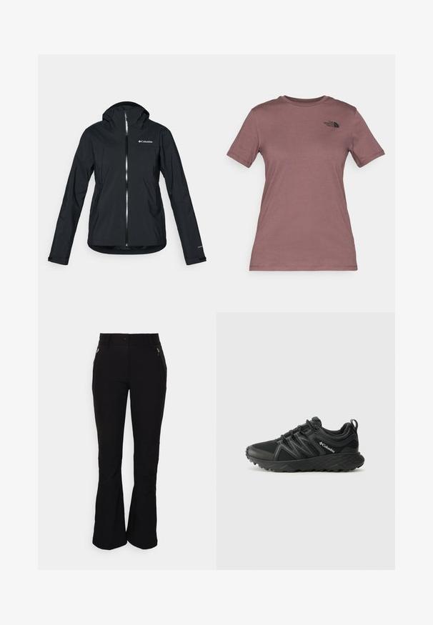 Black waterproof jacket with a full zipper, attached hood, and reflective accents. Smooth texture, minimal design, featuring the Columbia logo.; Short-sleeve, crewneck t-shirt in muted mauve, made from soft fabric. Features a small, black logo on the upper left chest.; Black pants with a fitted waist, two zippered front pockets, and flared bottoms. Smooth, stretchy fabric with subtle stitching details.; Columbia PEAKFREAK - Hiking shoes - black