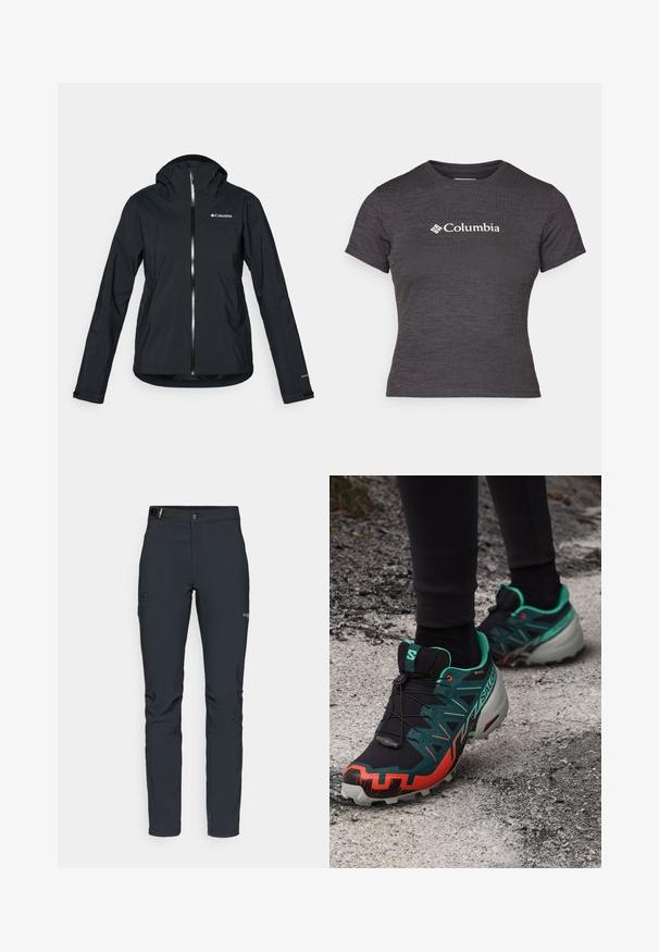 Jachetă neagră, impermeabilă, cu fermoar complet, glugă atașată și accente reflective. Textură netedă, design minimal, ce prezintă logo-ul Columbia.; Tricou scurt gri închis, cu mânecă scurtă, fabricat dintr-un material texturat, cu guler rotund, având un logo alb Columbia pe piept.; Pantaloni de exterior pentru bărbați, gri închis, fabricați dintr-un material flexibil, cu un brâu, buzunare cu fermoar și cusături consolidate.; Salomon SPEEDCROSS 6 GTX - Pantofi alergare trail - black/electric green/cherry tomato