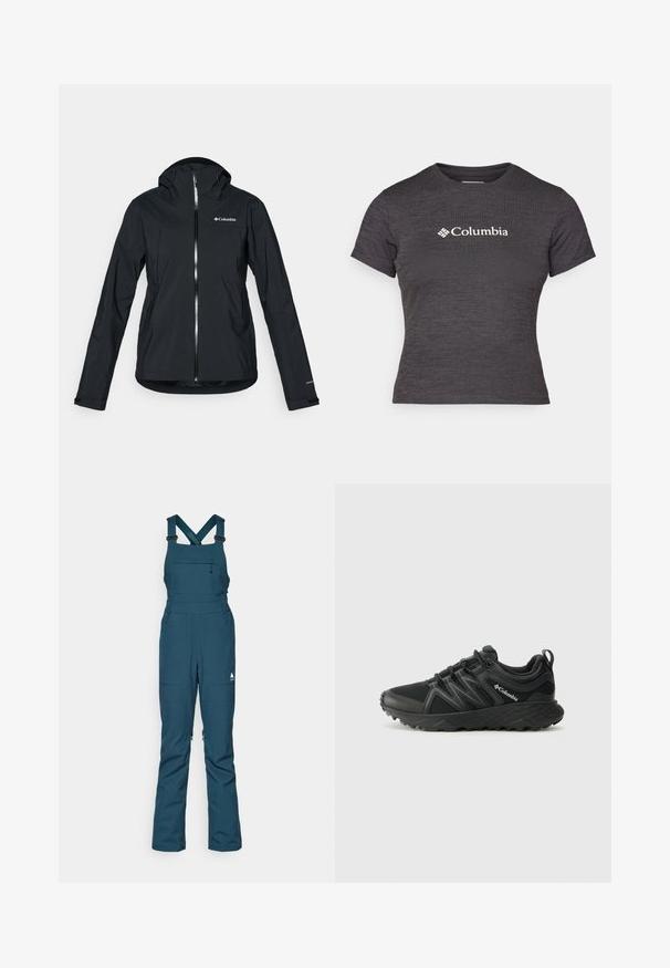 Fekete vízálló dzseki teljes cipzárral, hozzákapcsolt kapucnival és fényvisszaverő részletekkel. Sima textúra, minimalista dizájn, Columbia logóval.; Sötétszürke, rövid ujjú póló, texturált anyagból, kerek nyakkal, fehér Columbia logóval a mellkason.; Tölgy színű hószárnyú overall, állítható vállpántokkal, cipzáras mellzsebbel és két oldalsó zsebbel, tartós, időjárásálló anyagból készült.; Columbia PEAKFREAK - Túracipők - black