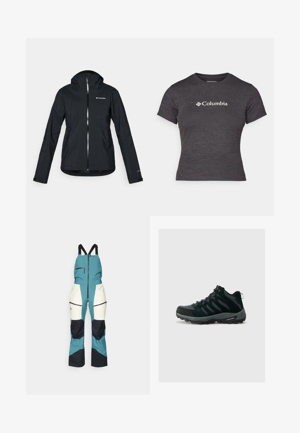 Mustat vedenpitävät takki, jossa on täysipitkä vetoketju, irrotettava huppu ja heijastavat yksityiskohdat. Tasainen pinta, minimalistinen muotoilu, jossa on Columbia-logo.; T-paita, jossa on lyhyet hihat ja tummanharmaa väri, valmistettu tekstuurista kankaasta. Pyöreä kaula-aukko, jossa on valkoinen Columbia-logo rinnassa.; Peak Performance VERTICAL GORE-TEX PRO BIB - Lasketteluhousut - hydro fresh/sand fog; Columbia REDMOND - Vaelluskengät - black/citron haze