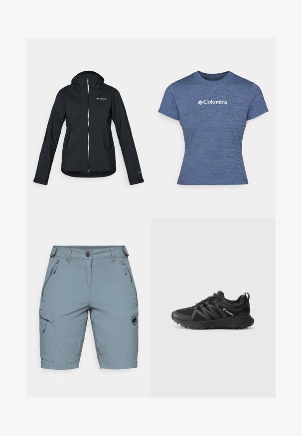 Casaco impermeável preto com fecho de correr completo, capuz integrado e detalhes reflectores. Textura suave, design minimalista, apresentando o logo da Columbia.; T-shirt azul de manga curta feito de tecido texturizado, com o logótipo branco da Columbia no peito, gola redonda e design ajustado.; Calções cargo azul claro feitos de um material leve, com um bolso com fecho éclair na lateral e um emblema na parte inferior da perna.; Columbia PEAKFREAK - Sapatos de caminhada - black