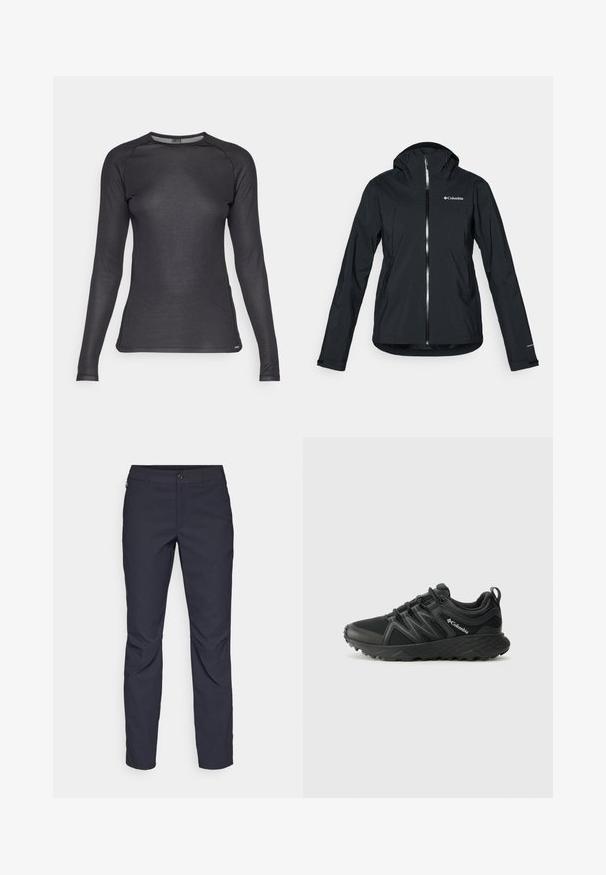 Melna ūdensizturīga jaka ar pilnu rāvējslēdzēju, pievienotu kapuci un atstarojošiem akcentiem. Gluda tekstūra, minimāls dizains, ar Columbia logo.; Garām piedurknēm melna sporta krekls, izgatavots no teksturētas, elpojošas auduma. Ievērojama apaļa kakla izgriezums un raglanu piedurknes, kas nodrošina brīvu kustību.; Navy zila bikses, kas izgatavotas no gludas auduma, ar priekšējo pogu aizdari, pieguļošu siluetu un krokām pie ceļgaliem.; Columbia PEAKFREAK - Pārgājienu apavi - black