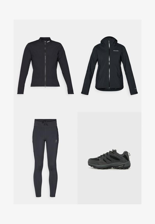 Schwarze wasserdichte Jacke mit durchgehendem Reißverschluss, angebauter Kapuze und reflektierenden Akzenten. Glatte Textur, minimales Design mit dem Columbia-Logo.; POC ESSENTIAL SPLASH JACKET - Cycling-Trikot - uranium black; Dunkelgraue Leggings mit hohem Bund, Kordelzugverschluss und Seitentaschen. Hergestellt aus dehnbarem Material mit subtiler Markierung.; Columbia REDMOND - Hikingschuh - black/citron haze