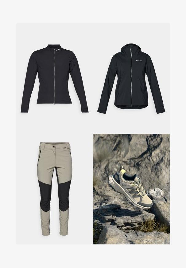 Schwarze wasserdichte Jacke mit durchgehendem Reißverschluss, angebauter Kapuze und reflektierenden Akzenten. Glatte Textur, minimales Design mit dem Columbia-Logo.; POC ESSENTIAL SPLASH JACKET - Cycling-Trikot - uranium black; Leichte, atmungsaktive Hosen in Beige und Schwarz mit einer figurbetonten Passform, seitlichen Reißverschlüssen und kontrastierenden Paneelakzenten an den Knien.; Columbia Trailrunningschuh in Hellbeige und Grau. Obermaterial aus Mesh mit strukturierten Details, Gummisohle und reflektierenden Akzenten. Leichtes Design.