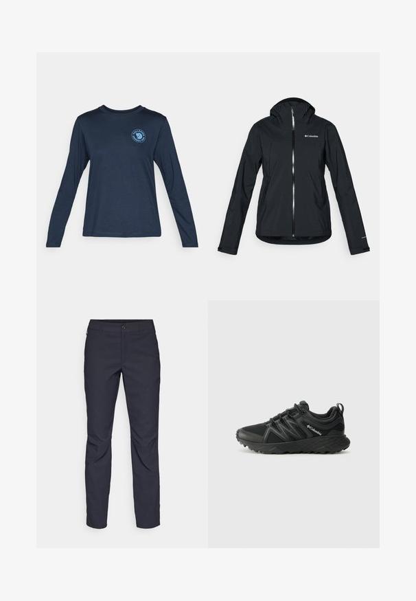 Black waterproof jacket with a full zipper, attached hood, and reflective accents. Smooth texture, minimal design, featuring the Columbia logo.; Long-sleeve navy blue T-shirt made from soft fabric. Features a round neckline and a blue circular logo on the left chest area.; Navy blue pants made of smooth fabric, featuring a front button closure, slim-fit design, and creased detailing at the knees.; Columbia PEAKFREAK - Hiking shoes - black