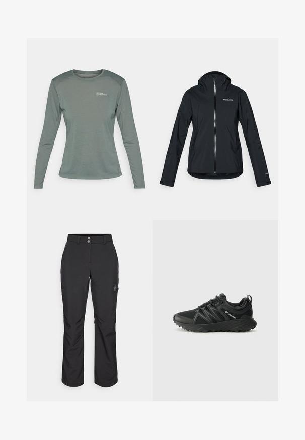 Zwarte waterdichte jas met een volledige rits, aangehechte capuchon en reflecterende accenten. Gladde textuur, minimalistisch ontwerp met het Columbia-logo.; Lange mouw t-shirt in gedempt groen, gemaakt van lichtgewicht, textuurstof. Bevat een ronde halslijn en een klein logo op de linkerkant van de borst.; Zwarte outdoor pants met een rechte snit, voorzien van een knoopsluiting, ritszakken aan de zijkant en een logo-label op de linker bovenbeen.; Columbia PEAKFREAK - Outdoorschoenen - black