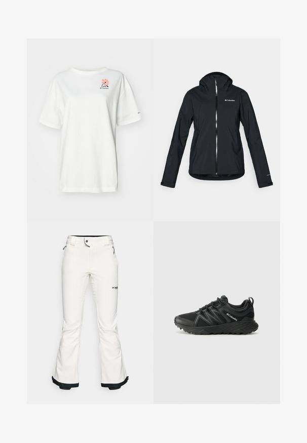 Mustang must-haves vettisooja, täispikk tõmblukk, kinnitatud kapuuts ja peegeldavad aktsendid. Sile tekstuur, minimaalne disain, millel on Columbia logo.; Valge lühikeste varrukatega t-särk, mis on valmistatud puuvillast, millel on roosa lillemuster ja väike must logo vasakul rinnakorvil.; Valged suusapüksid, mis on valmistatud pehmest ja paindlikust materjalist. Omavad vormitud talje, laiu flöödid ja musta äärist varrukatel. Brändi logo on nähtav.; Columbia PEAKFREAK - Matkajalatsid - black