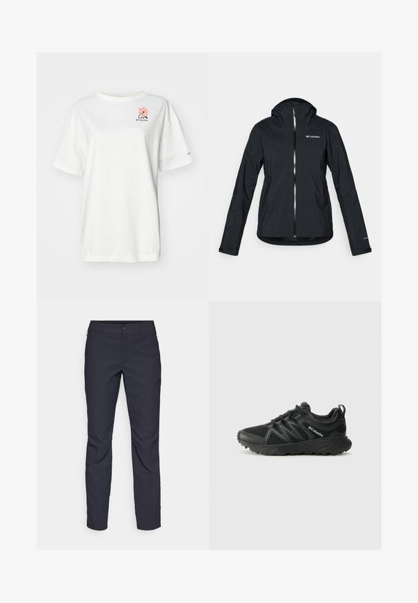 Černá voděodolná bunda s celopropínacím zipem, připevněnou kapucí a reflexními akcenty. Hladká textura, minimalisticý design se znakem Columbia.; Bílá tričko s krátkým rukávem vyrobené z bavlny, se sladkým růžovým květinovým designem a malým černým logem na levé straně hrudi.; Námořnické modré kalhoty vyrobené z hladké tkaniny, s předním zapínáním na knoflík, přiléhavým střihem a sklady v oblasti kolen.; Columbia PEAKFREAK - Trekingové boty - black