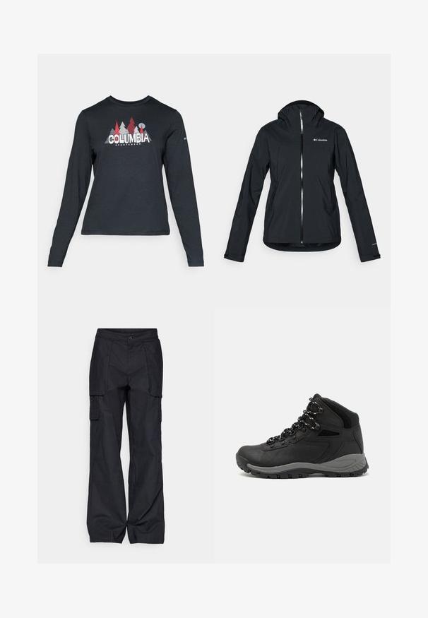 Schwarze wasserdichte Jacke mit durchgehendem Reißverschluss, angebauter Kapuze und reflektierenden Akzenten. Glatte Textur, minimales Design mit dem Columbia-Logo.; Dunkelgraues Langarmshirt mit einem Grafikdesign von roten Bäumen und Bergen; das "COLUMBIA"-Logo in fett weißer Schrift. Weicher Stoff, klassischer Rundhalsausschnitt.; Columbia BREA FALLS™ COTTON RIPSTOP PANT - Outdoor-Hose - black; Schwarzer Wanderstiefel mit einem mittelhohen Design, ausgestattet mit einer strukturierten Oberfläche, grauen Akzenten und einer robusten Gummisohle mit Profilstollen.