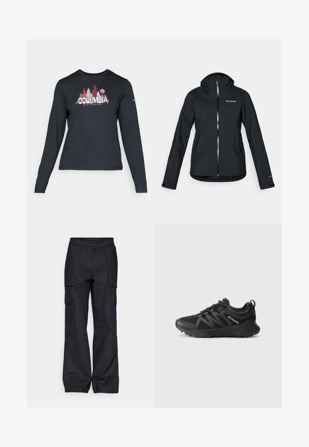 Czarna wodoodporna kurtka z pełnym zamkiem, z odczepianym kapturem i odblaskowymi akcentami. Gładka tekstura, minimalistyczny design, z logo Columbia.; Długie rękawy, ciemnoszara koszula z grafiką czerwonych drzew i gór; logo "COLUMBIA" w wyraźnym białym tekście. Miękka tkanina, standardowy okrągły dekolt.; Columbia - Długie spodnie trekkingowe; Columbia PEAKFREAK czarny
