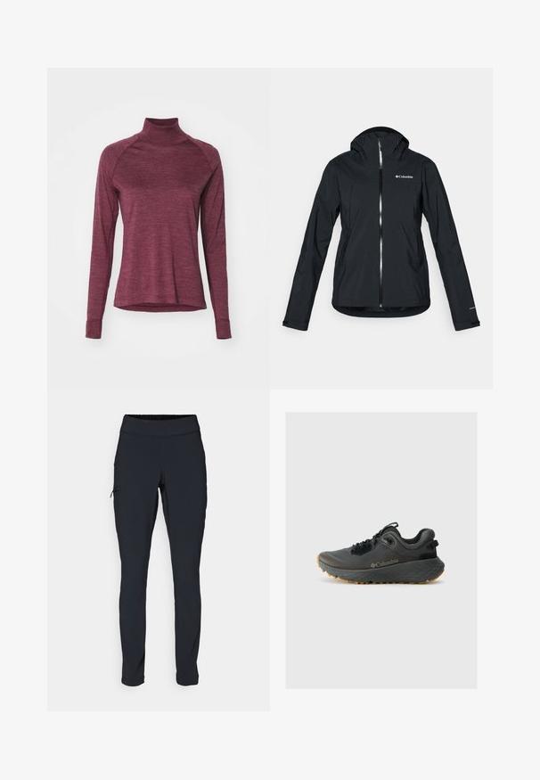 Black waterproof jacket with a full zipper, attached hood, and reflective accents. Smooth texture, minimal design, featuring the Columbia logo.; Burgundy long-sleeve turtleneck shirt with raglan sleeves and a soft texture. Features a rounded hem and fitted cuffs.; Black athletic pants with a slim fit, elastic waistband, and a side pocket featuring a zipper. Smooth, stretchy fabric with minimal seams.; Columbia TERRASTRIDE CRZ - Hiking shoes - shark/black