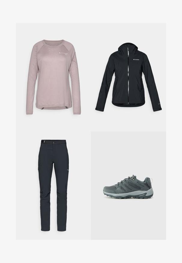 Svart vanntett jakke med full glidelås, festet hette og refleksdetaljer. Glatt tekstur, minimalistisk design med Columbia-logo.; Lys rosa langermet skjorte laget av mykt stoff. Har raglanermer, rund hals og et lite logo trykk på brystet.; Herre utendørsbukser, mørkegrå, laget av fleksibelt materiale, med belte, glidelåslommer og forsterkede sømmer.; Mørkegrå fjellstøvler med mesh og semsket overdel, snøring, polstret såle og robust yttersåle med grep mønster.