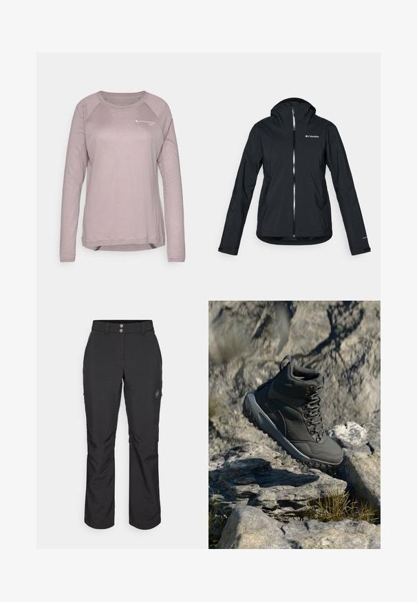 Svart vattentålig jacka med hela dragkedjan, fästad huva och reflektionsdetaljer. Slät textur, minimalistisk design med Columbia-logotypen.; Ljusrosa långärmad skjorta i mjukt tyg. Har raglanärmar, rund halsringning och en liten logotryck på bröstet.; Svarta utomhusbyxor med rak passform, med knappstängning, fickor med dragkedja på sidan och en logotypapplikation på vänster lår.; Mörkgrå vandringskänga i syntetmaterial, med vadderad krage, metallöglor och strukturerad gummisula för grepp.